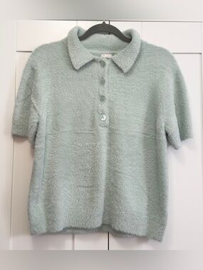 Short-Sleeve Plush Polo Sweater Mint Green Sz MED NEW!